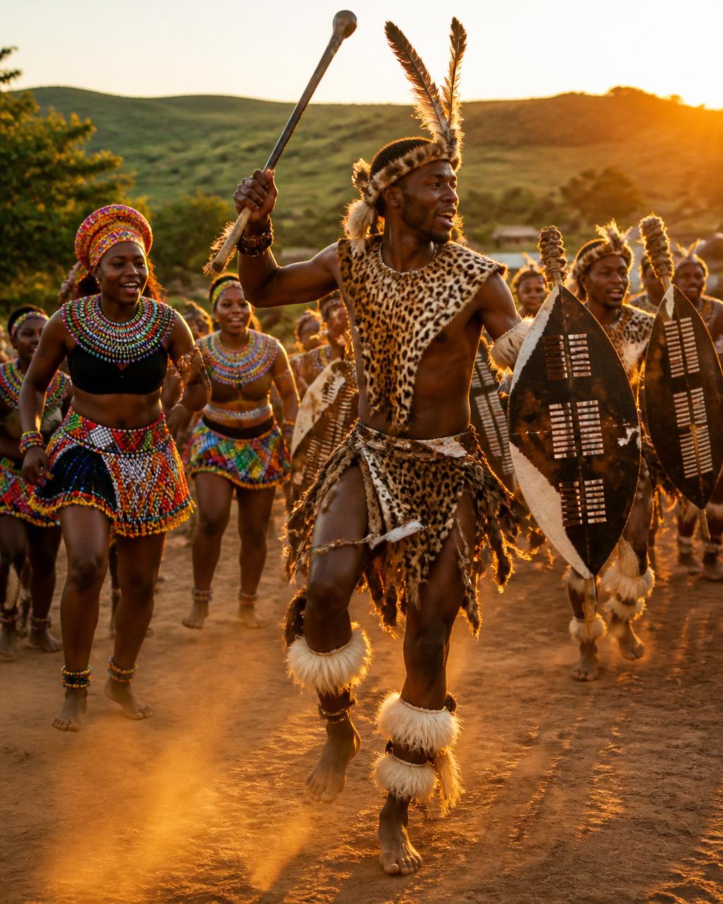 Zulu iNdlamu dancers performing at sunset