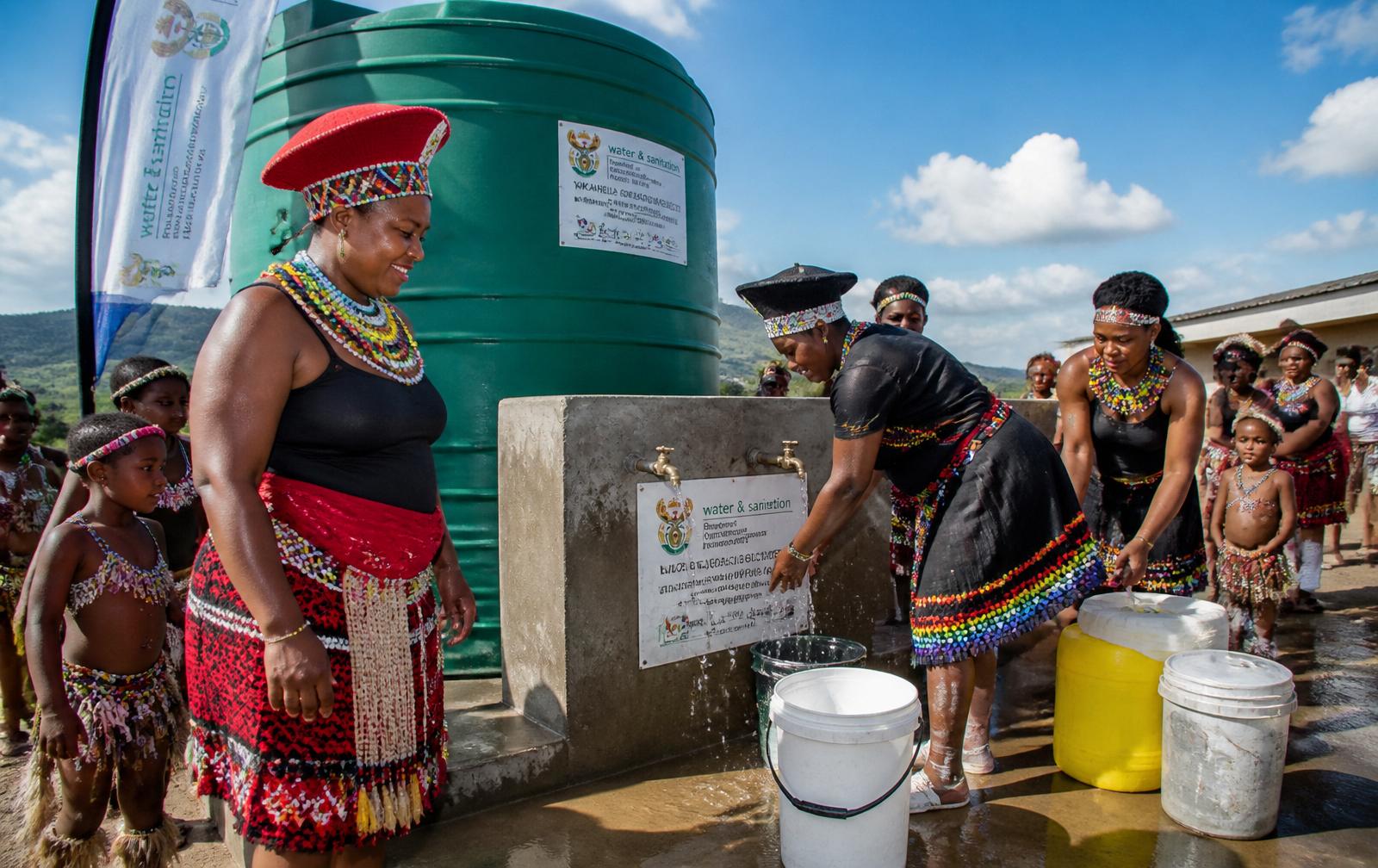 A Zulu woman collects clean water from a new community tap in rural Nkandla